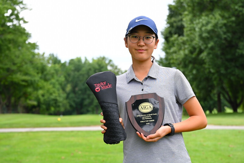 Irene Hur Holding Her Girls Top Three Plaque and Low Final Round Honors Head Cover - 2026 - AJGA Preview at Quail Creek presented by City of Robinson
