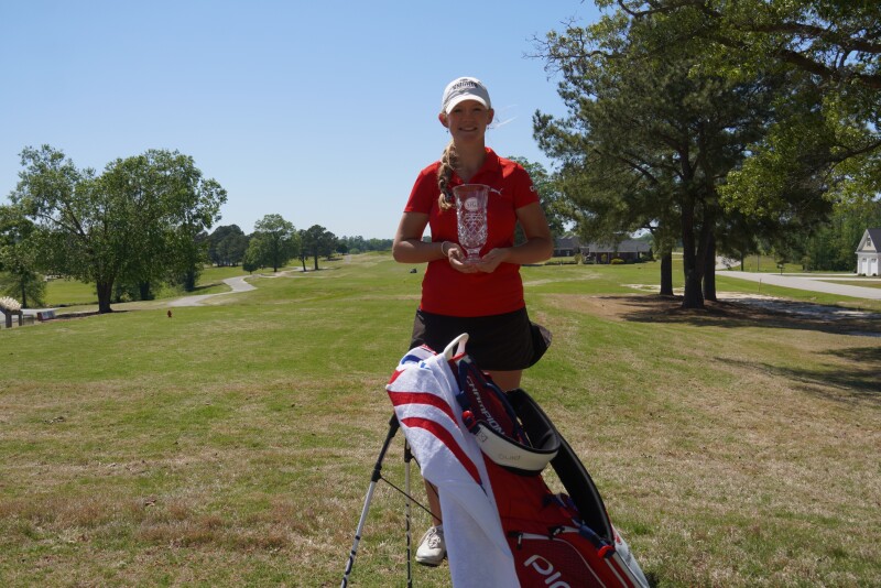 Lindsay McGrath with champ trophy and champ bag -2024- Visit Goldsboro NC Junior Championship