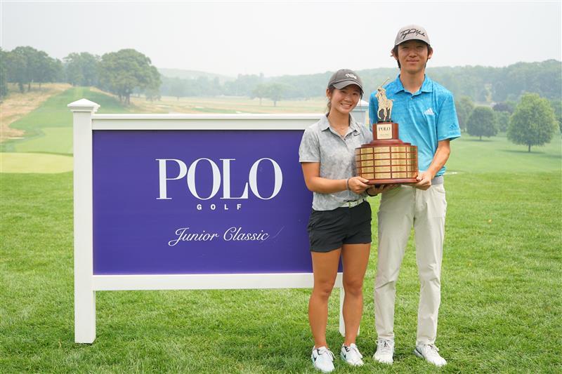 Li and Leng Jr holding Polo trophy with Polo Golf sign - 2023 - Polo Golf Junior Classic.jpg