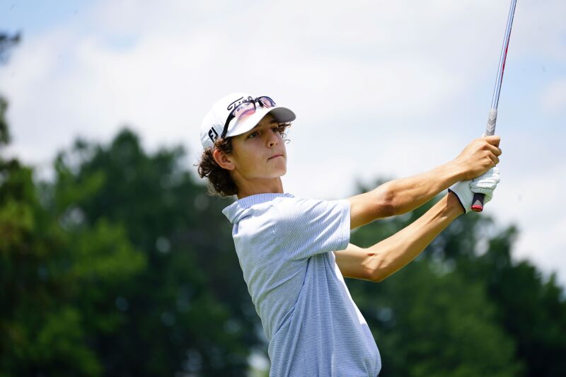Asher Vargas tee shot on 16th hole - 2024 - Wyndham Invitational DSC08079.jpg
