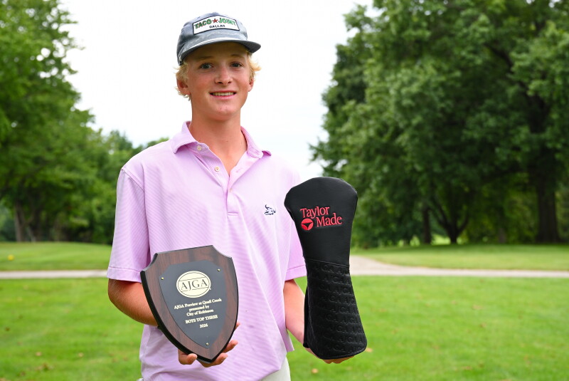  Jacob Ringwald Holding His Boys Top Three Plaque and Low Final Round Honors Head Cover - 2026 - AJGA Preview at Quail Creek presented by City of Robinson